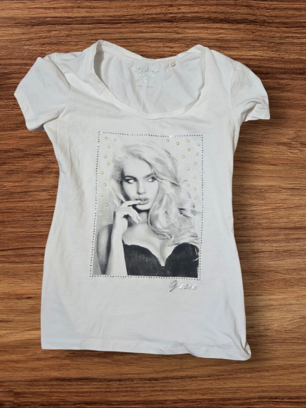 Guess White Scoop Neck Graphic Model Tee with Rhinestone And Pearl Accents